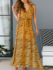 Floral Print V-Neck Bodycon Drawstring Polyester Long Maxi Dress