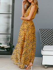Floral Print V-Neck Bodycon Drawstring Polyester Long Maxi Dress