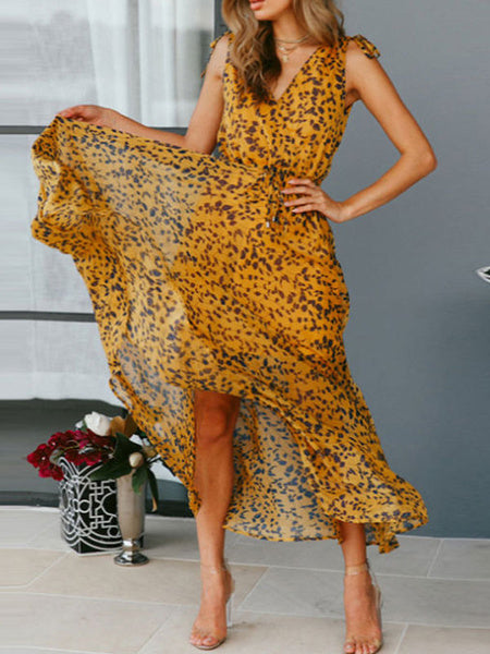 Floral Print V-Neck Bodycon Drawstring Polyester Long Maxi Dress