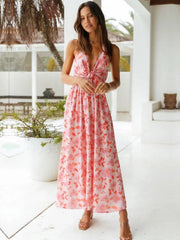 Floral Print V Neck Sleeveless Backless Long Dress