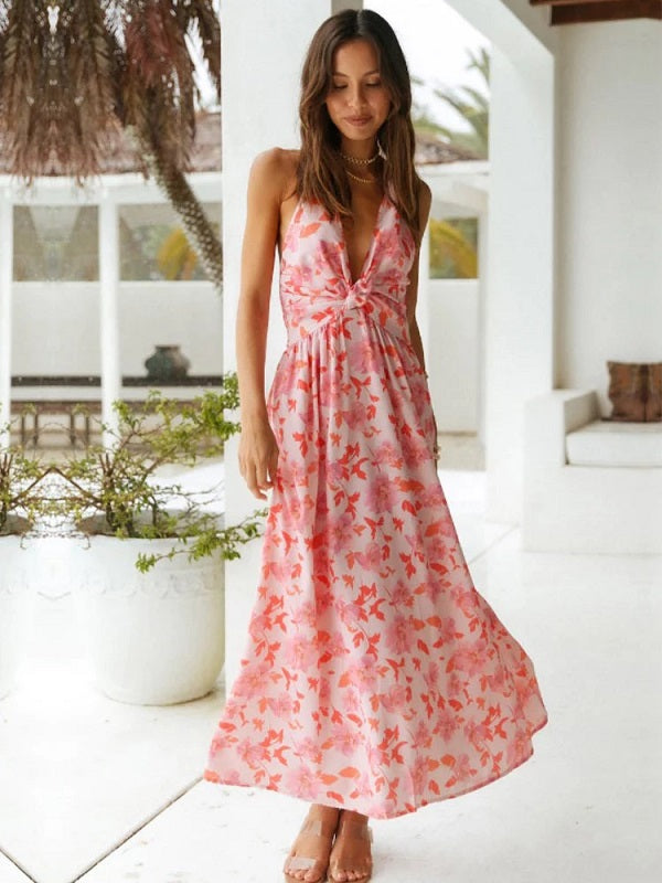 Floral Print V Neck Sleeveless Backless Long Dress