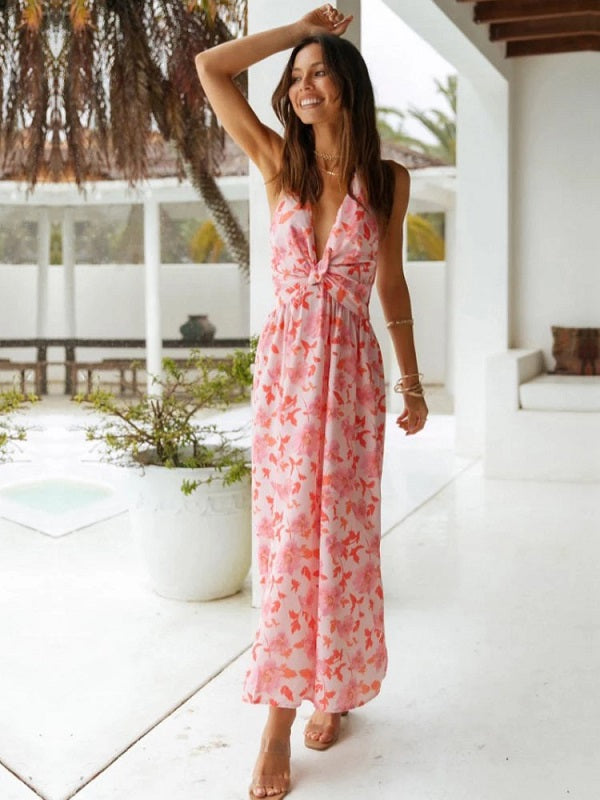 Floral Print V Neck Sleeveless Backless Long Dress