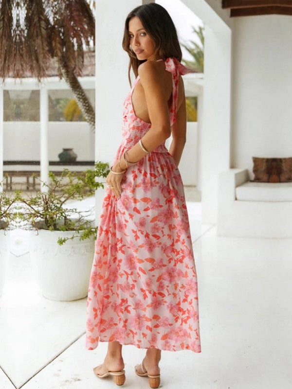 Floral Print V Neck Sleeveless Backless Long Dress