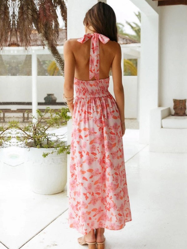 Floral Print V Neck Sleeveless Backless Long Dress