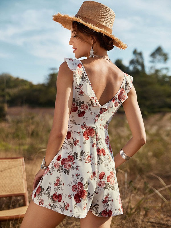 Floral Print V-Neck Sleeveless Polyester Dress