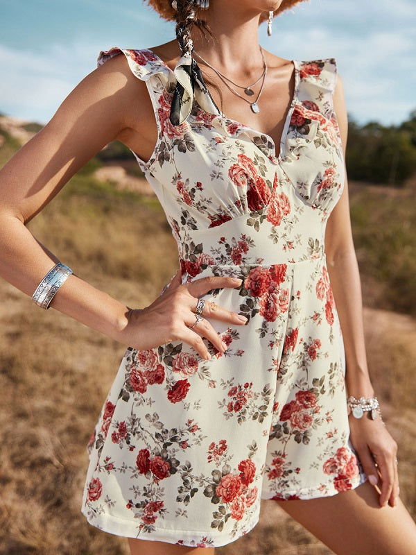 Floral Print V-Neck Sleeveless Polyester Dress