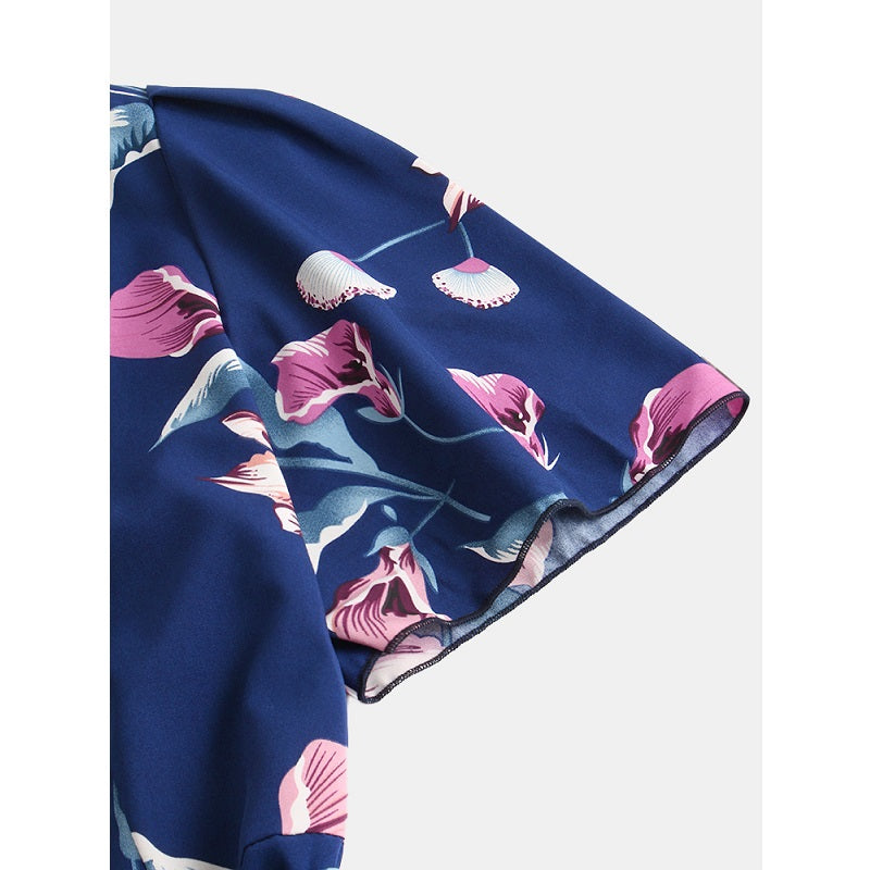 Floral Print V-neck Short Sleeve Waist Tie Casual Midi Dress