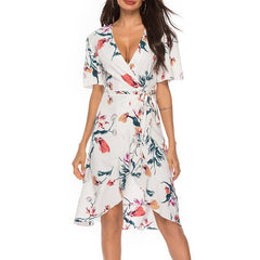Floral Print V-neck Short Sleeve Waist Tie Casual Midi Dress