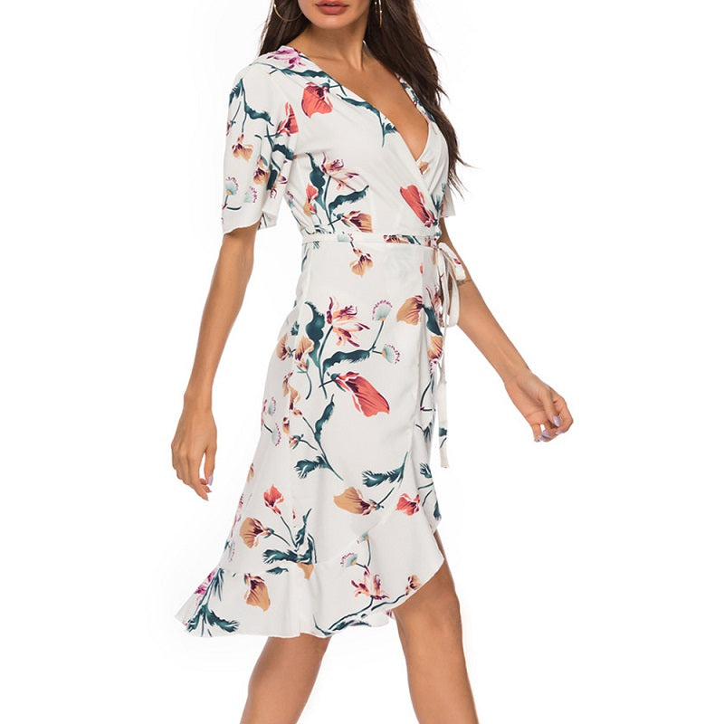 Floral Print V-neck Short Sleeve Waist Tie Casual Midi Dress