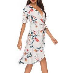 Floral Print V-neck Short Sleeve Waist Tie Casual Midi Dress