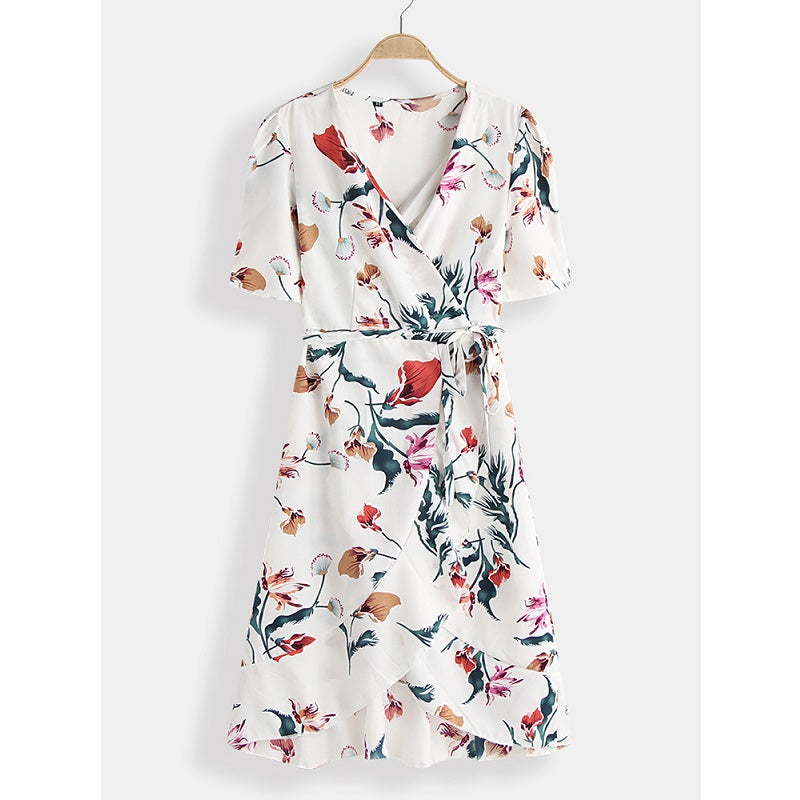 Floral Print V-neck Short Sleeve Waist Tie Casual Midi Dress