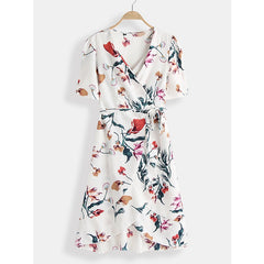 Floral Print V-neck Short Sleeve Waist Tie Casual Midi Dress
