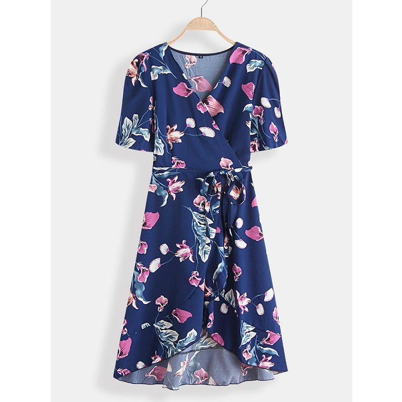 Floral Print V-neck Short Sleeve Waist Tie Casual Midi Dress