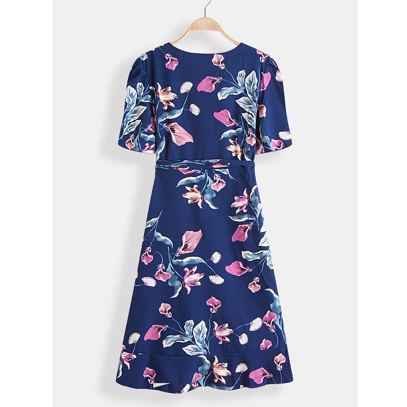 Floral Print V-neck Short Sleeve Waist Tie Casual Midi Dress