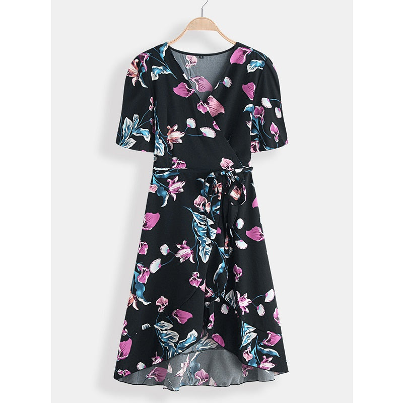 Floral Print V-neck Short Sleeve Waist Tie Casual Midi Dress