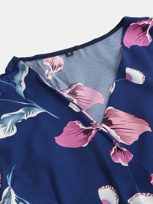 Floral Print V-neck Short Sleeve Waist Tie Casual Midi Dress