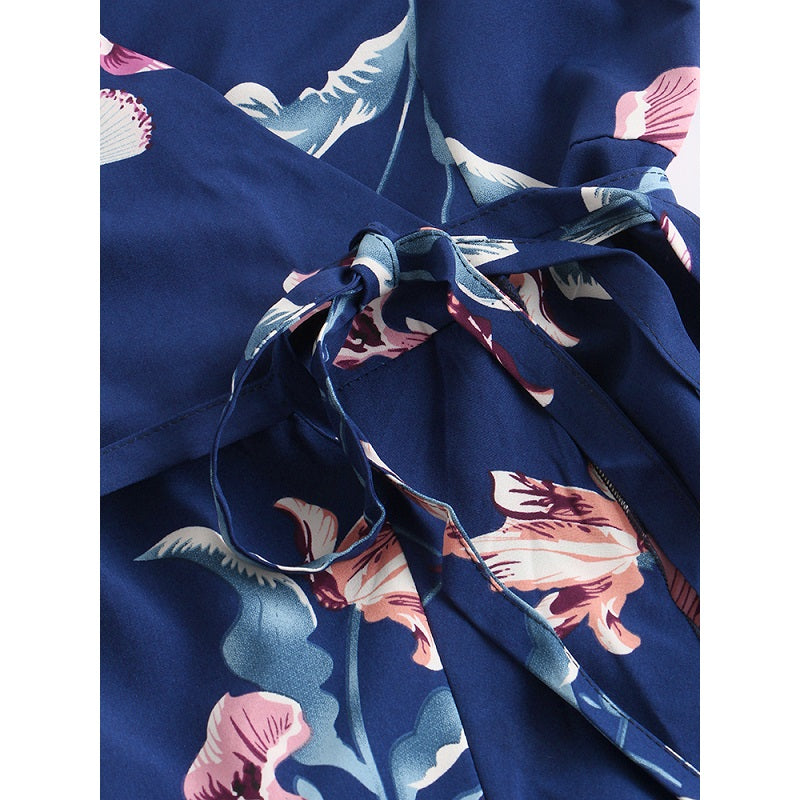 Floral Print V-neck Short Sleeve Waist Tie Casual Midi Dress