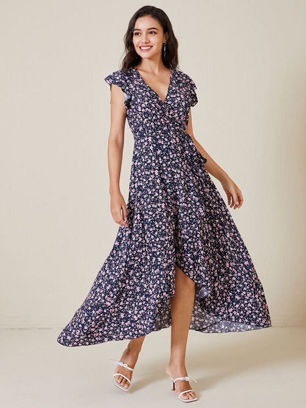 Floral Print Wrap Slit Ruffle Sleeve V-neck Swing Maxi Dress