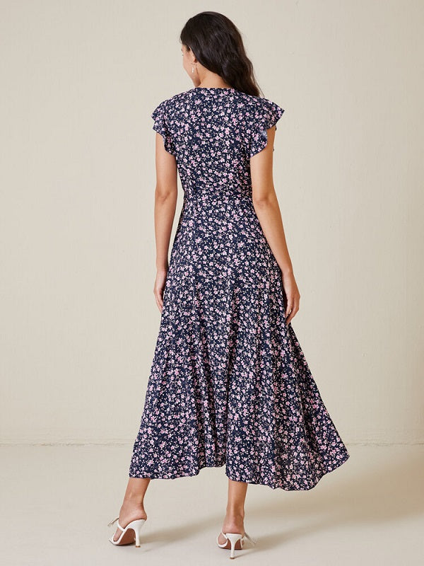Floral Print Wrap Slit Ruffle Sleeve V-neck Swing Maxi Dress