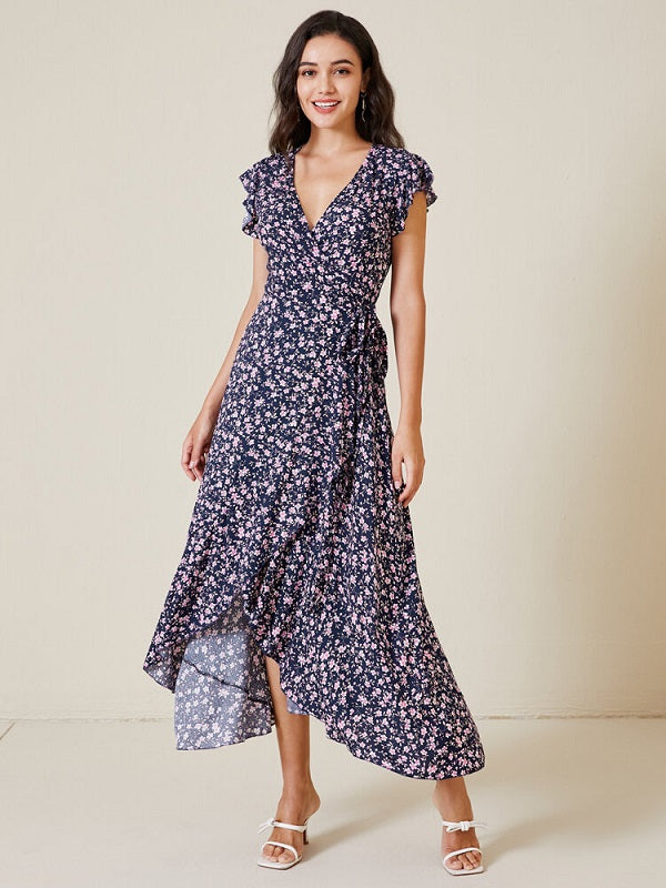Floral Print Wrap Slit Ruffle Sleeve V-neck Swing Maxi Dress