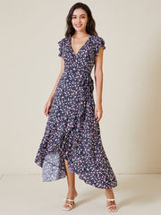 Floral Print Wrap Slit Ruffle Sleeve V-neck Swing Maxi Dress
