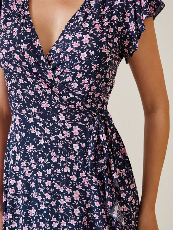 Floral Print Wrap Slit Ruffle Sleeve V-neck Swing Maxi Dress