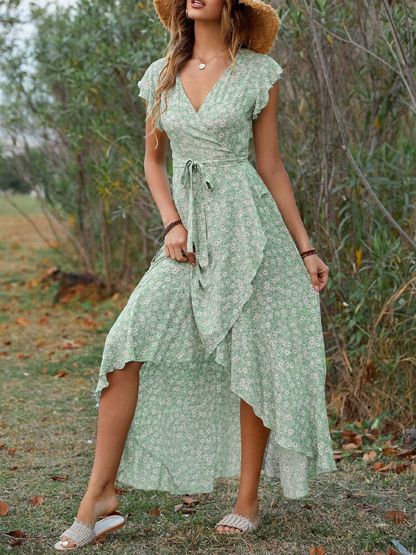 Floral Print Wrap Slit Ruffle Sleeve V-neck Swing Maxi Dress