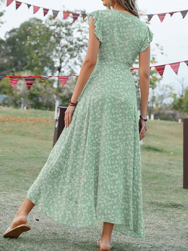 Floral Print Wrap Slit Ruffle Sleeve V-neck Swing Maxi Dress