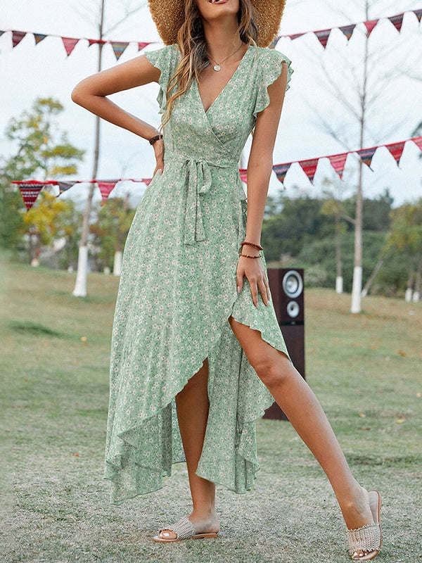 Floral Print Wrap Slit Ruffle Sleeve V-neck Swing Maxi Dress
