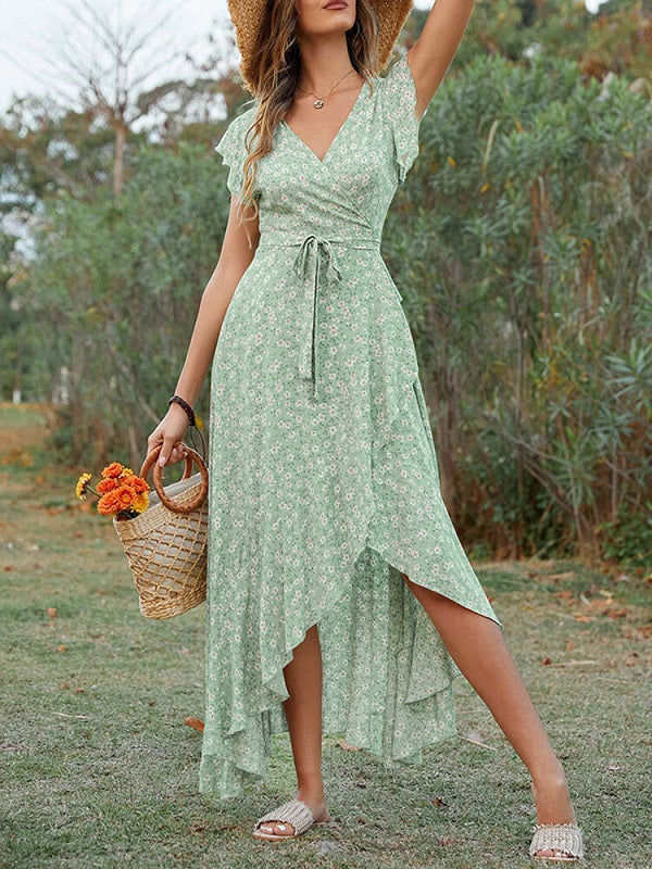 Floral Print Wrap Slit Ruffle Sleeve V-neck Swing Maxi Dress