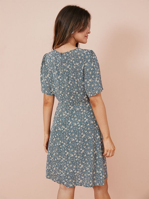 Floral Print Wrap V-neck Short Sleeve High Waist Chiffon Dress