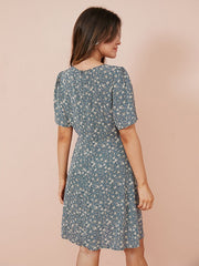 Floral Print Wrap V-neck Short Sleeve High Waist Chiffon Dress
