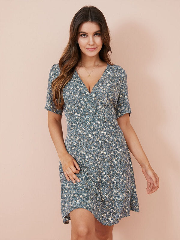 Floral Print Wrap V-neck Short Sleeve High Waist Chiffon Dress