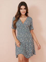 Floral Print Wrap V-neck Short Sleeve High Waist Chiffon Dress