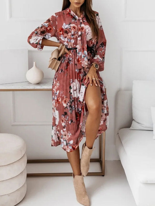 Floral Printed Jewel Neck  Polyester Casual Long Maxi Dress