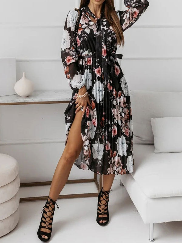 Floral Printed Jewel Neck  Polyester Casual Long Maxi Dress