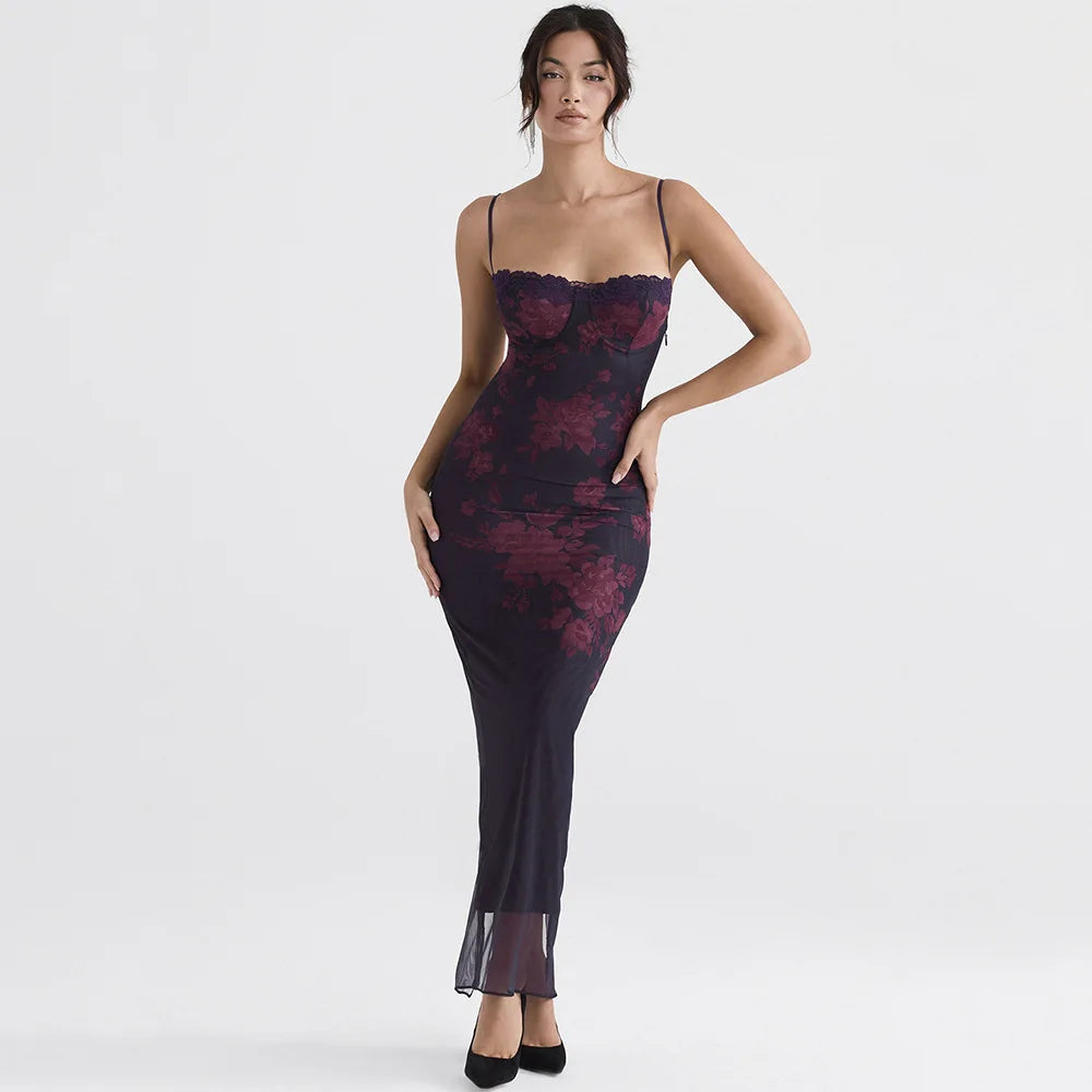 Floral Printed Mesh Spaghetti Strap Club Beach Wear Bodycon Dresses