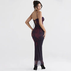 Floral Printed Mesh Spaghetti Strap Club Beach Wear Bodycon Dresses