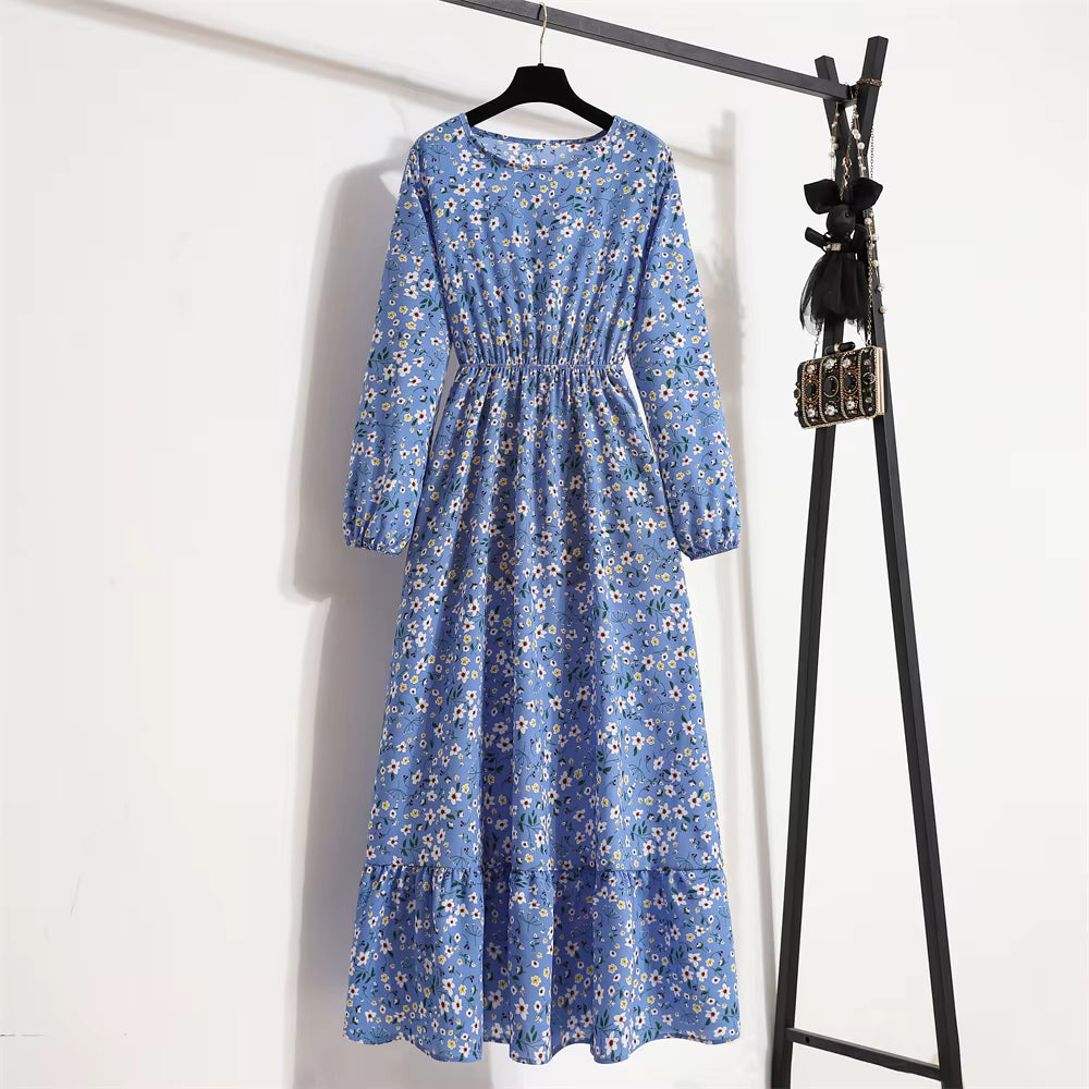 Bohemian Floral Printed O-neck  Full Sleeve Beach Party Long Dress