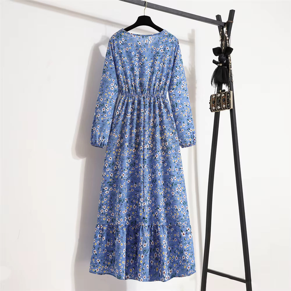 Bohemian Floral Printed O-neck  Full Sleeve Beach Party Long Dress