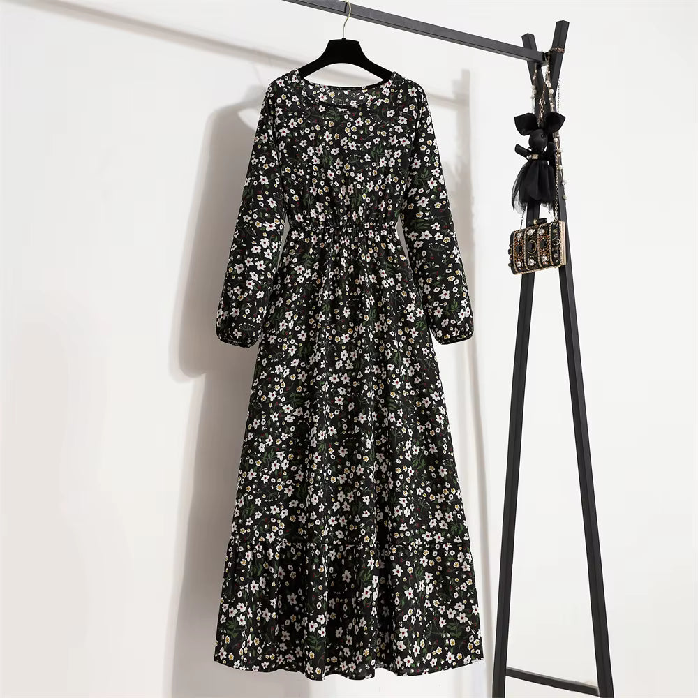 Bohemian Floral Printed O-neck  Full Sleeve Beach Party Long Dress