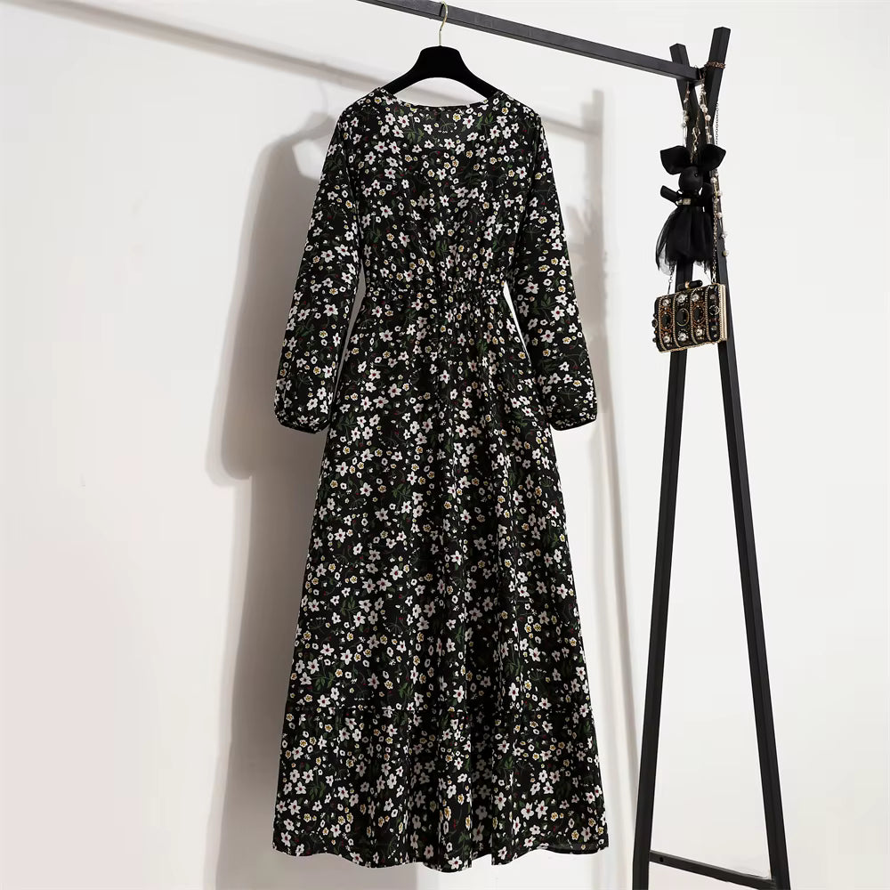 Bohemian Floral Printed O-neck  Full Sleeve Beach Party Long Dress