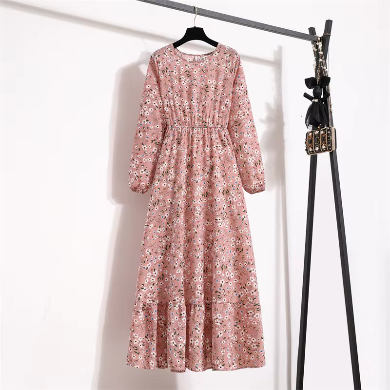 Bohemian Floral Printed O-neck  Full Sleeve Beach Party Long Dress