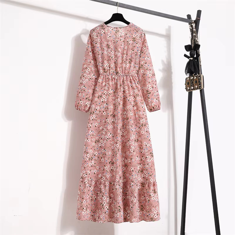 Bohemian Floral Printed O-neck  Full Sleeve Beach Party Long Dress