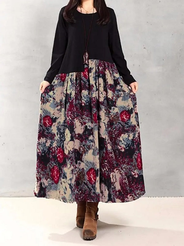 Floral Printed Patchwork Long Sleeve Maxi Dress