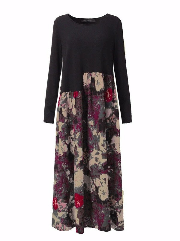 Floral Printed Patchwork Long Sleeve Maxi Dress