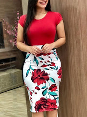 Short Sleeve Floral Printed Pencil Skirt Dress