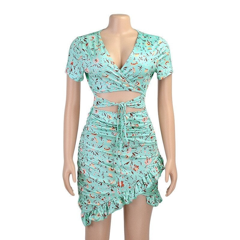 Floral Printed V-Neck Ruffles Empire Waist Mini Bodycon Dress