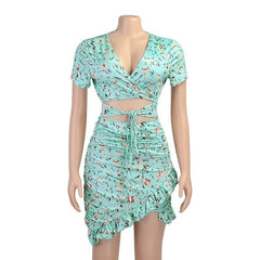 Floral Printed V-Neck Ruffles Empire Waist Mini Bodycon Dress