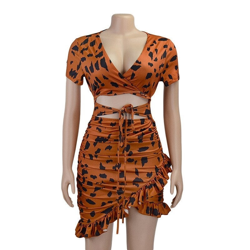 Floral Printed V-Neck Ruffles Empire Waist Mini Bodycon Dress